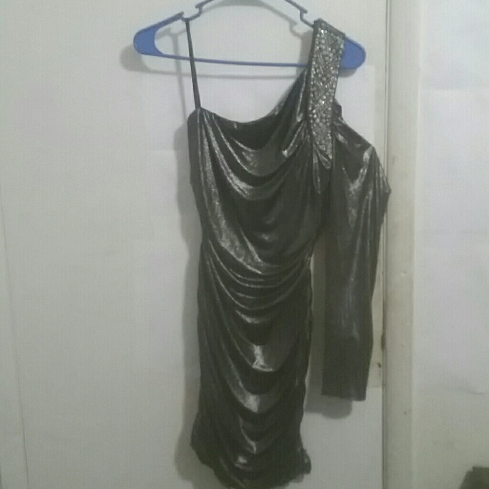 Deb's Metallic Grey One shoulder Dress